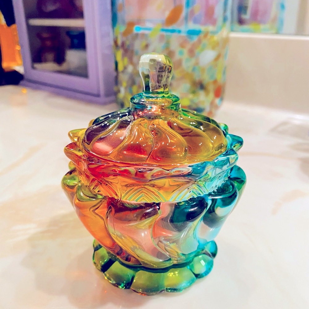 Bright rainbow colorful glass bowl with lid